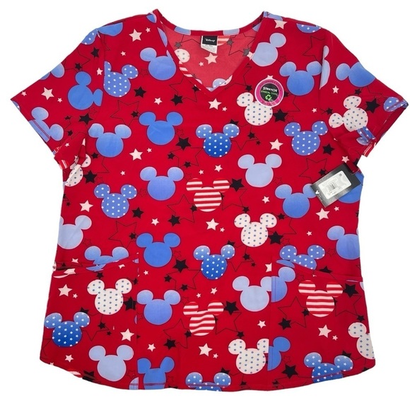 Disney Scrubstar Women's Size XL American Mickey V-Neck Print Scrub Top NWT - Picture 1 of 7